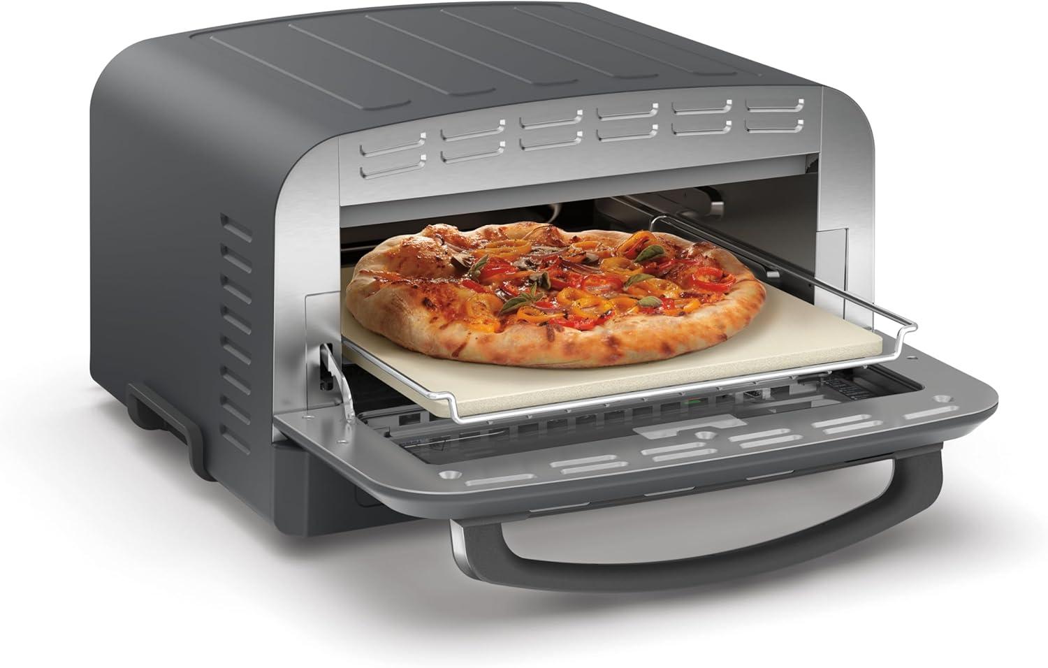 imageCuisinart Indoor Pizza Oven Bakes 12 Pizzas in Minutes Countertop Electric Pizza Oven Heats up to 700F Large Viewing Window Interior Light Includes 125 Pizza Stone CPZ120 Stainless SteelMatte Black