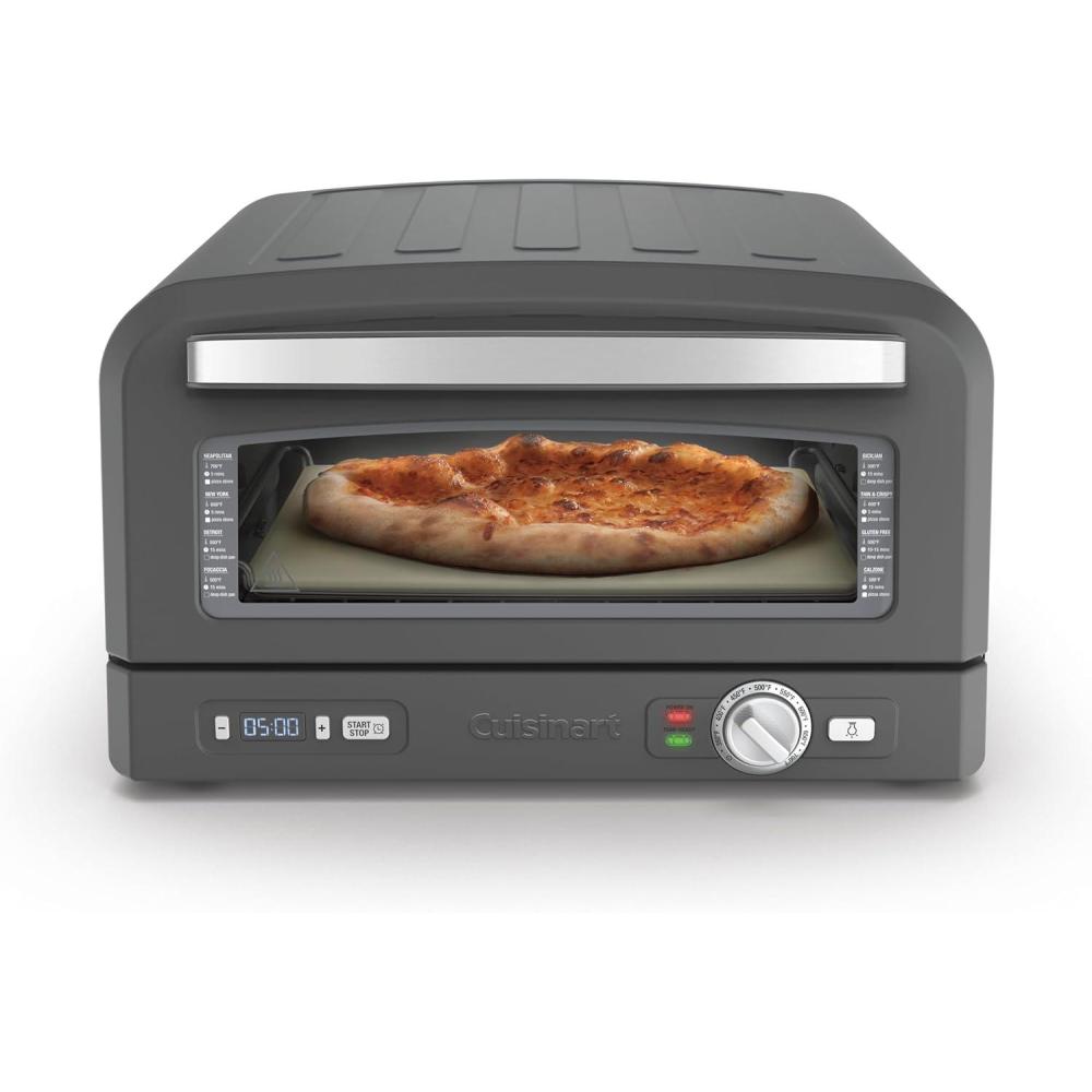 imageCuisinart Indoor Pizza Oven Bakes 12 Pizzas in Minutes Countertop Electric Pizza Oven Heats up to 700F Large Viewing Window Interior Light Includes 125 Pizza Stone CPZ120 Stainless SteelMatte Black