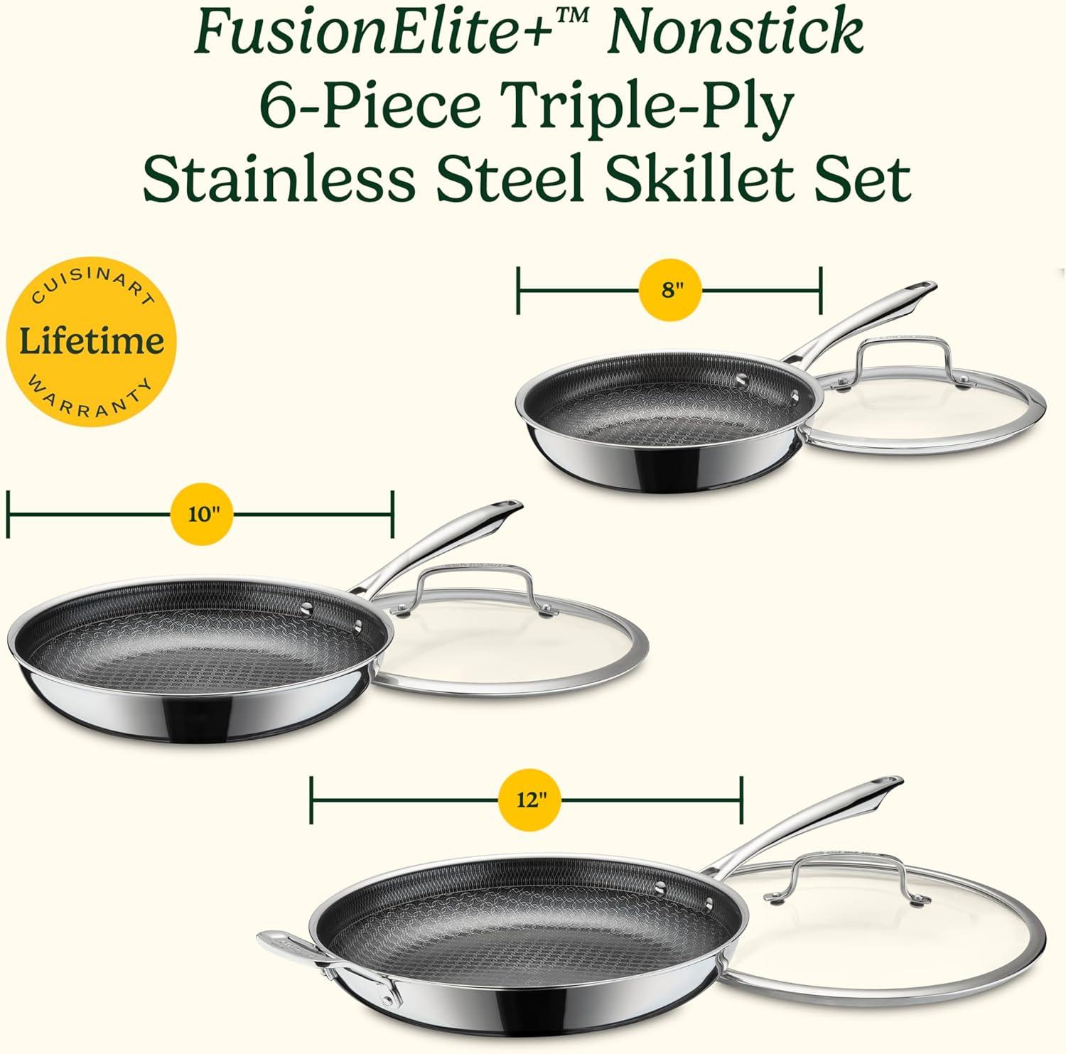 imageCuisinart FusionElite Nonstick TriPly Stainless Steel Skillet 12 Skillet Frying Pan with Helper PURELYSEAR Ceramic Nonstick Technology Scratch Proof Cool Grip Handles Dishwasher Safe6 pc Skillet Set