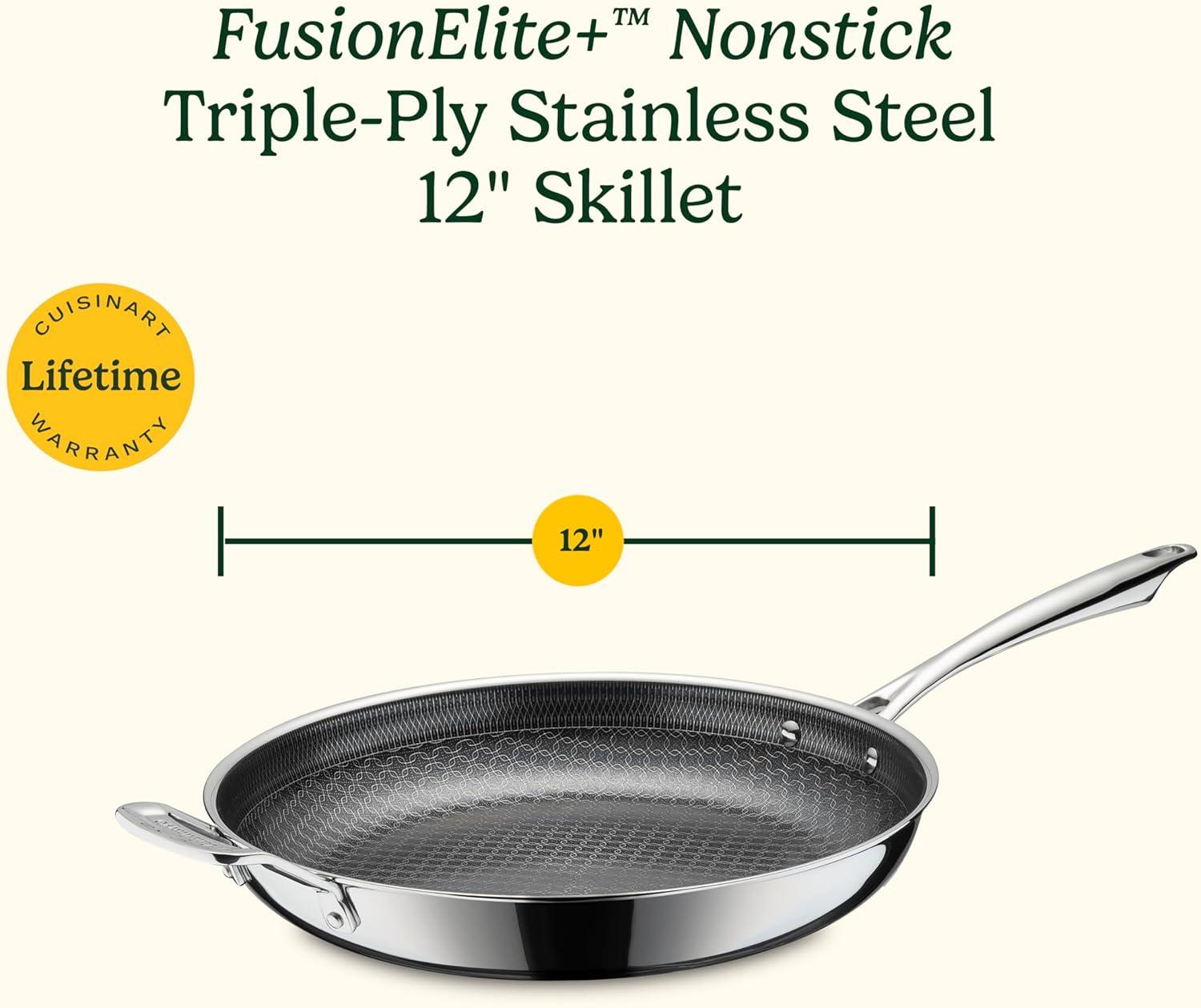 imageCuisinart FusionElite Nonstick TriPly Stainless Steel Skillet 12 Skillet Frying Pan with Helper PURELYSEAR Ceramic Nonstick Technology Scratch Proof Cool Grip Handles Dishwasher Safe12inch Skillet