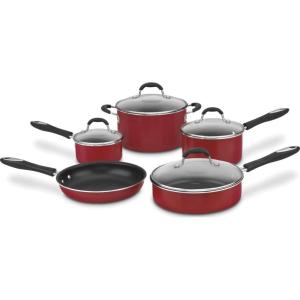 Cuisinart Advantage Nonstick Cookware Set, 11-Piece Pots and Pans Cooking Set with Aluminum Core for Quick and Even Heating, Easy Grip Handles, Dishwasher Safe, 55-11BK(Red)