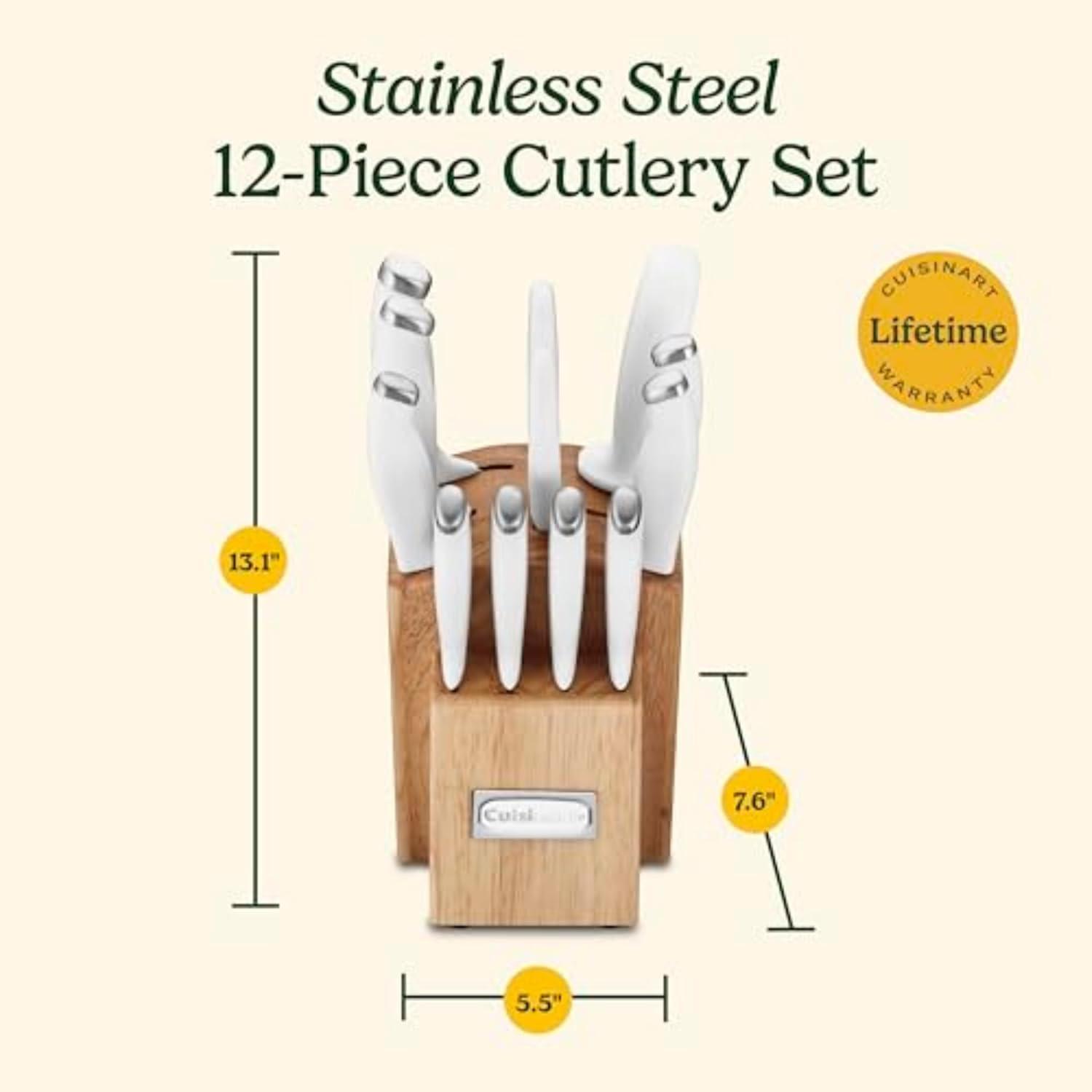 imageCuisinart Block Knife Set 12pc Cutlery Knife Set with Steel Blades for Precise Cutting Lightweight Stainless Steel Durable amp Dishwasher Safe C77SSW12PWhiteStainless Steel