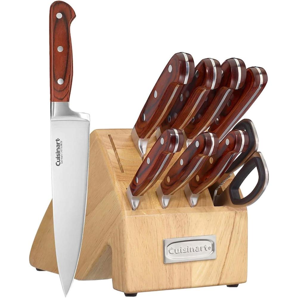 imageCUISINART Block Knife Set 15pc Cutlery Knife Set with Steel Blades for Precise Cutting Lightweight Stainless Steel Durable amp Dishwasher Safe C99SS15PPakka Wood
