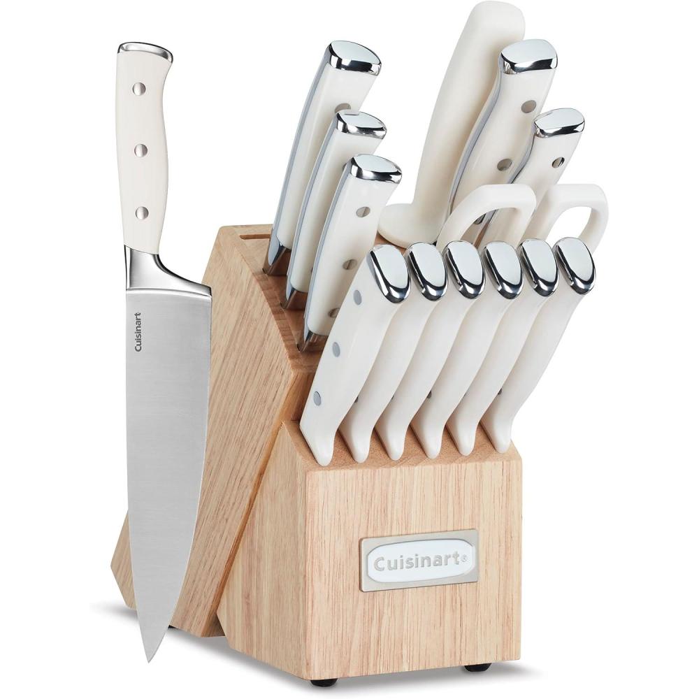 imageCuisinart 15Piece Knife Set with Block High Carbon Stainless Steel Forged Triple Rivet White C77WTR15PNatural