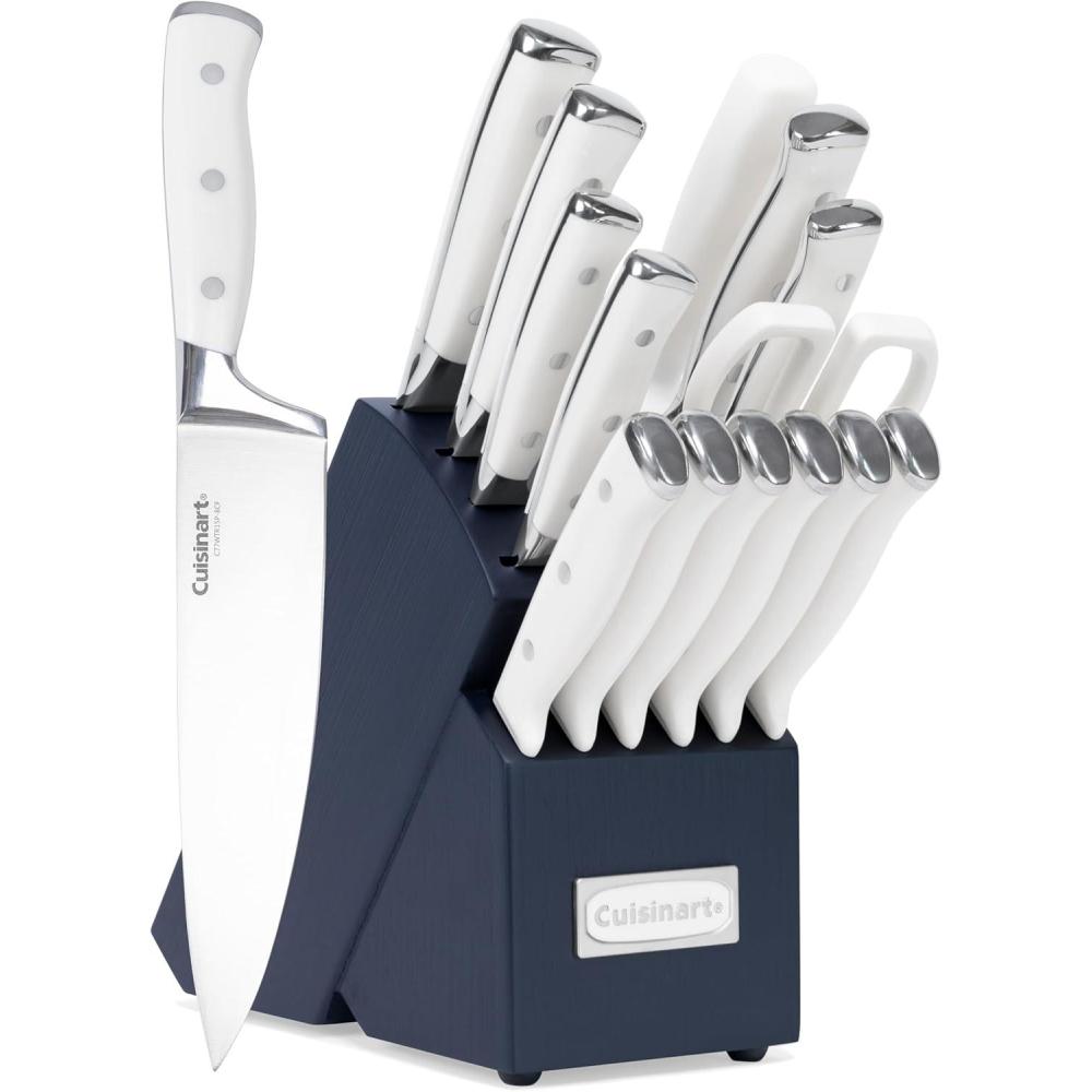 imageCuisinart 15Piece Knife Set with Block High Carbon Stainless Steel Forged Triple Rivet White C77WTR15PNavyWhite