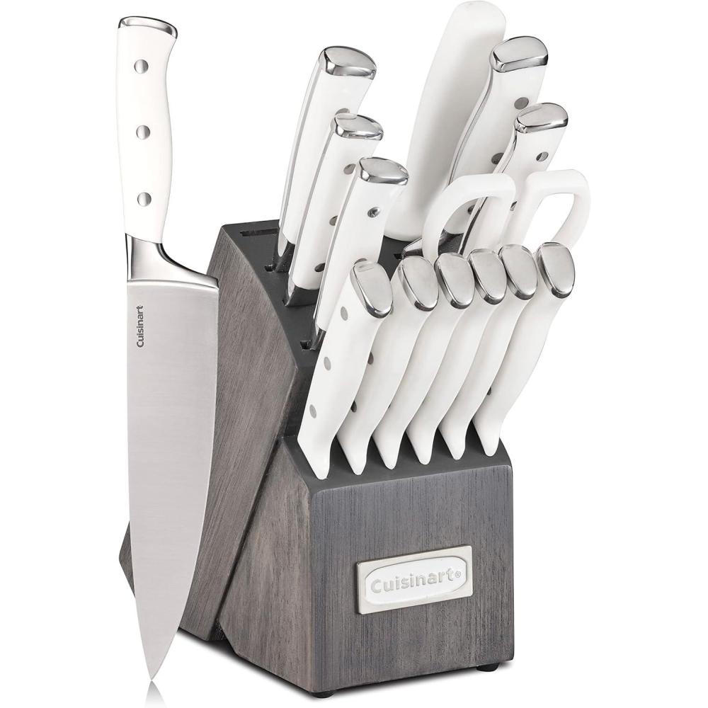 imageCuisinart 15Piece Knife Set with Block High Carbon Stainless Steel Forged Triple Rivet White C77WTR15PWhite Charcoal Grey