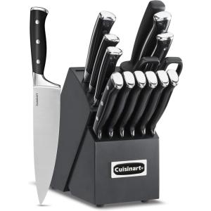 Cuisinart 15-Piece Knife Set with Block, High Carbon Stainless Steel, Forged Triple Rivet, White, C77WTR-15P(Black/Black)