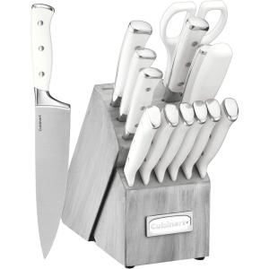 Cuisinart 15-Piece Knife Set with Block, High Carbon Stainless Steel, Forged Triple Rivet, White, C77WTR-15P(Natural/Grey)