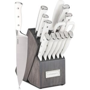 Cuisinart 15-Piece Knife Set with Block, High Carbon Stainless Steel, Forged Triple Rivet, White, C77WTR-15P(White/ Charcoal Grey)