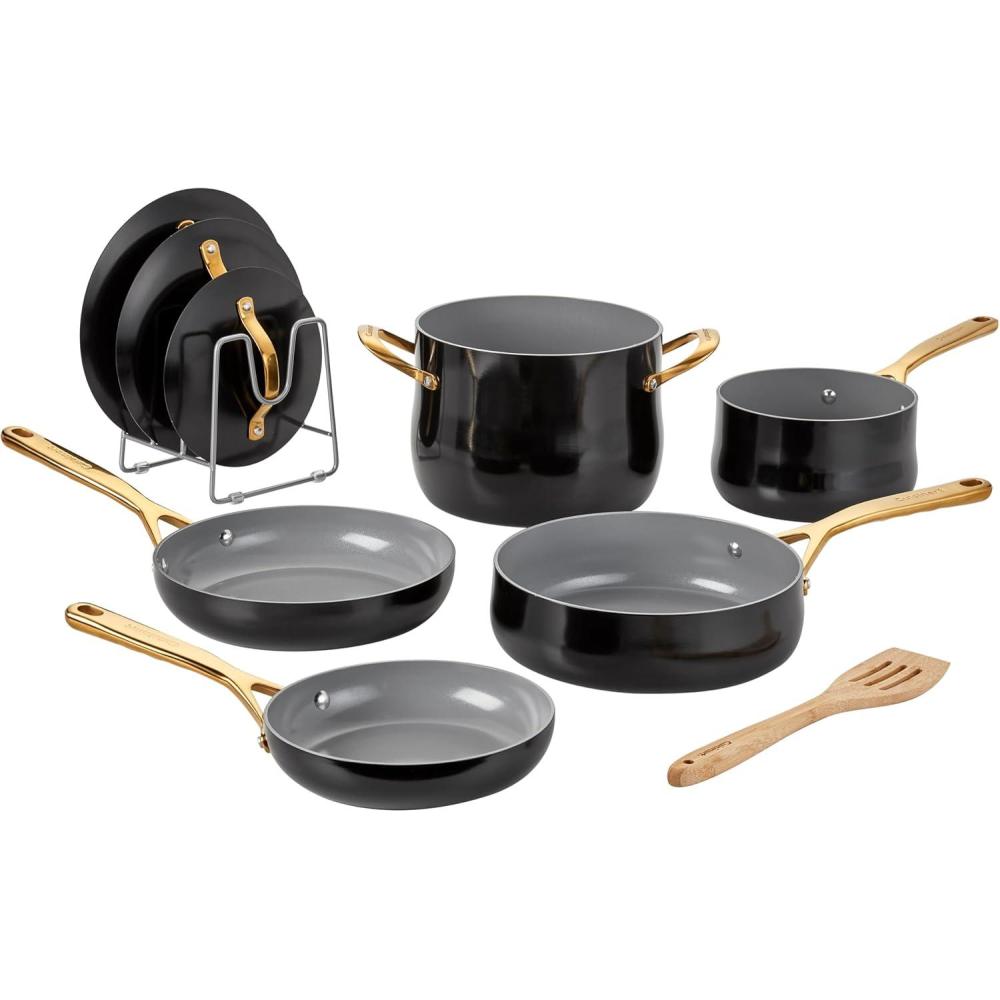 imageCuisinart Culinary Collection 12Piece Pots and Pans Set PURELYCERAMIC Nonstick BlackBlackGold