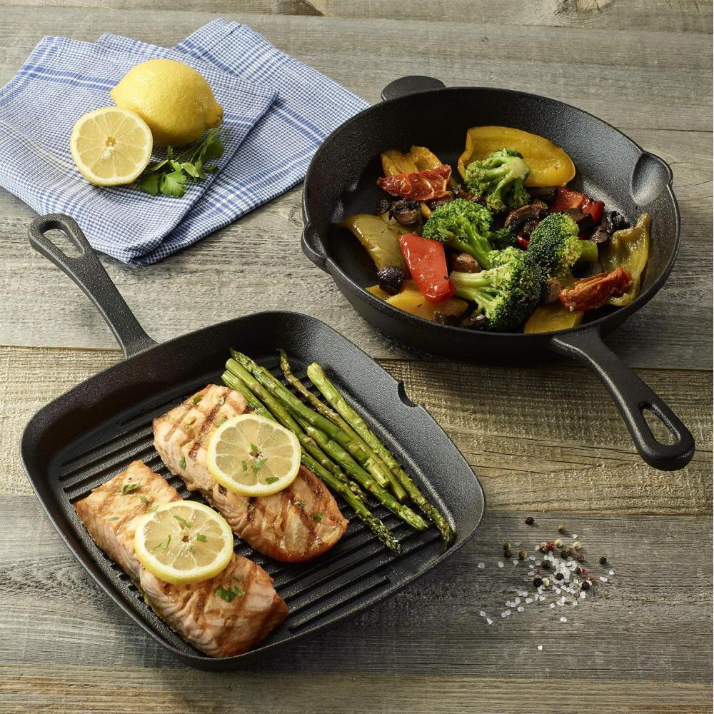 imageCuisinart PreSeasoned Cast Iron 925 Square Grill and 10 Round Fry Pan 2 Pack Black