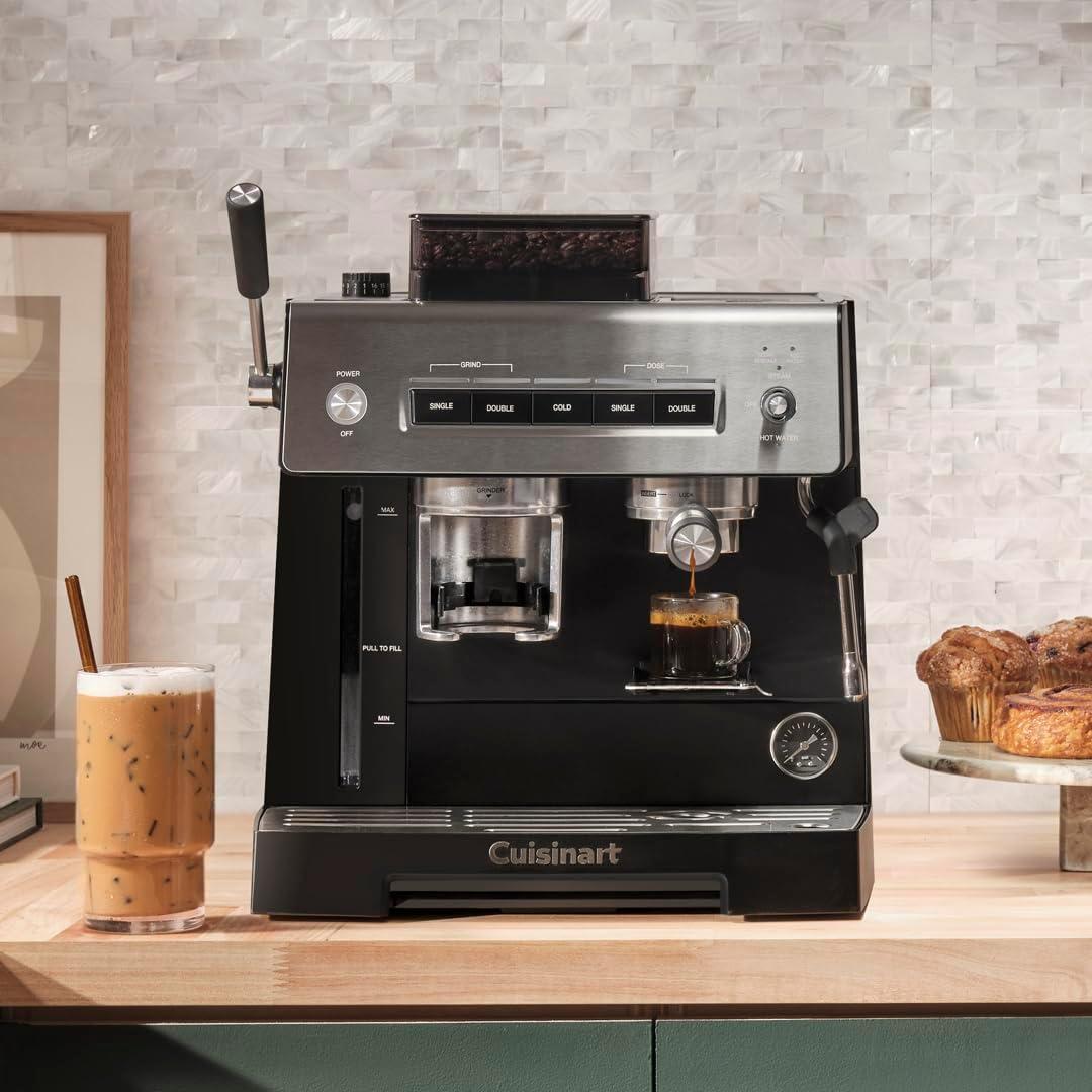 imageCuisinart Espresso Bar Slim Coffee Espresso Machine Makes Hot or Cold CafeQuality Beverages Including Cappuccino Lattes and Cold Extracted Drinks SteamFrothing Wand for MilkBased DrinksEM160EM640