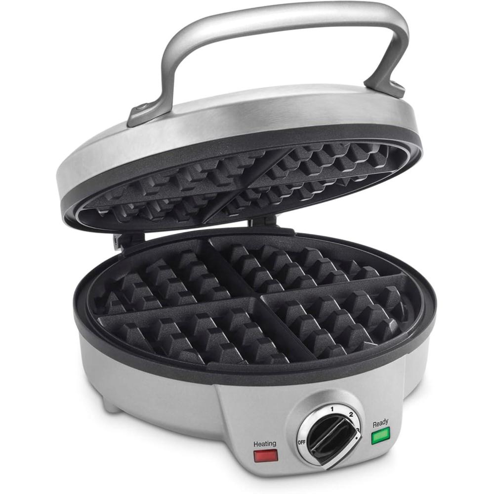 imageCuisinart Belgian Waffle Maker Round Waffle Iron 6 Setting Adjustable Browning Audible Alert Nonstick Plates WAF200P1 Silver