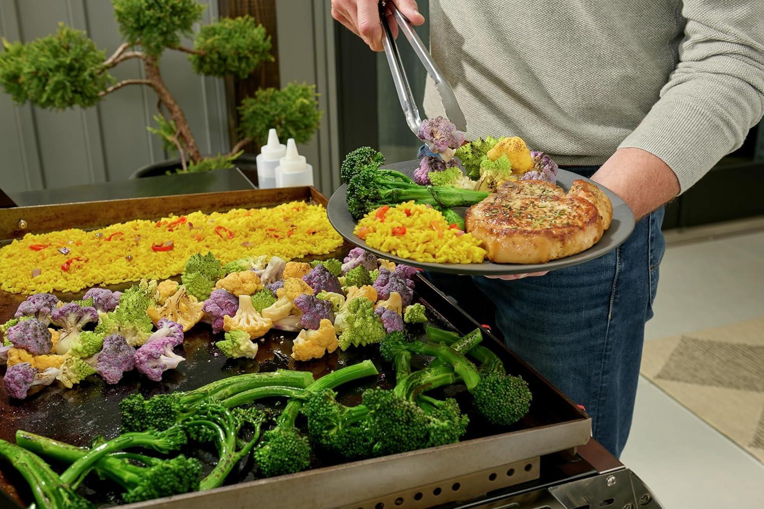 imageCuisinart 28 Outdoor Griddle with Hood Stainless Steel Dual Burner 30000 BTU Gas Griddle Wheels 504 Sq In Cooking Surface with 2 Side Tables for Storage Perfect for BBQs Backyard and Patio28 Griddle Broiler Combo