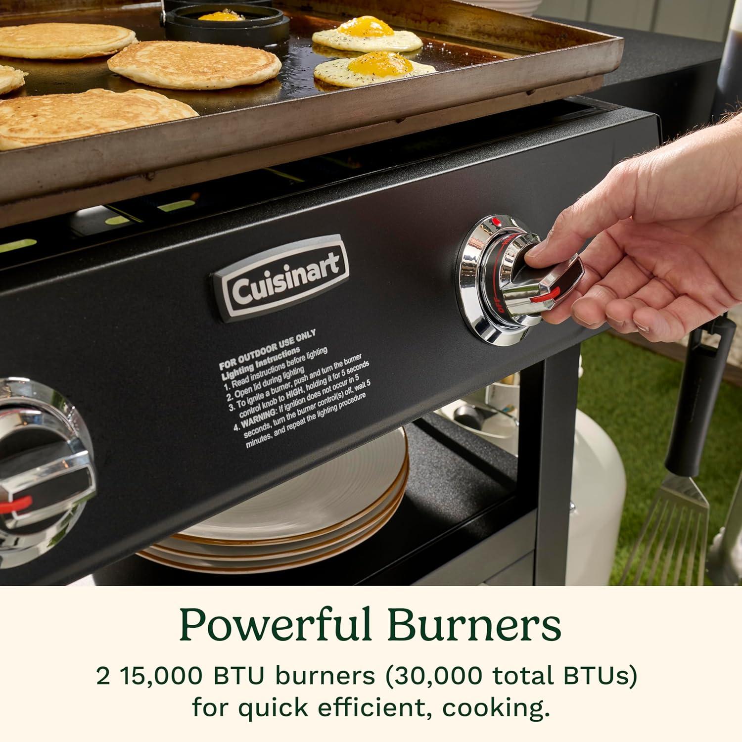 imageCuisinart 28 Outdoor Griddle with Hood Stainless Steel Dual Burner 30000 BTU Gas Griddle Wheels 504 Sq In Cooking Surface with 2 Side Tables for Storage Perfect for BBQs Backyard and Patio28 Griddle with Hood