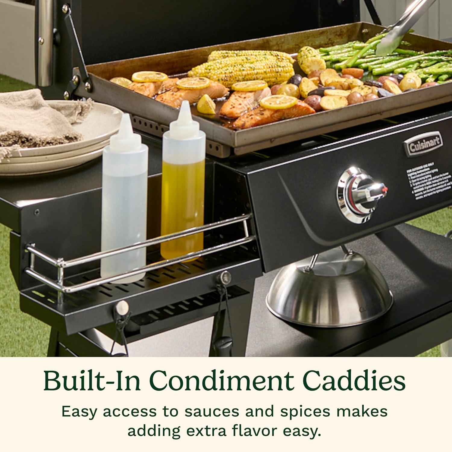 imageCuisinart 28 Outdoor Griddle with Hood Stainless Steel Dual Burner 30000 BTU Gas Griddle Wheels 504 Sq In Cooking Surface with 2 Side Tables for Storage Perfect for BBQs Backyard and Patio28 Griddle with Hood