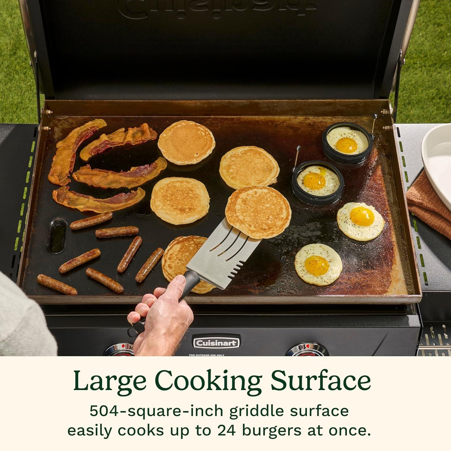 imageCuisinart 28 Outdoor Griddle with Hood Stainless Steel Dual Burner 30000 BTU Gas Griddle Wheels 504 Sq In Cooking Surface with 2 Side Tables for Storage Perfect for BBQs Backyard and Patio28 Griddle with Hood