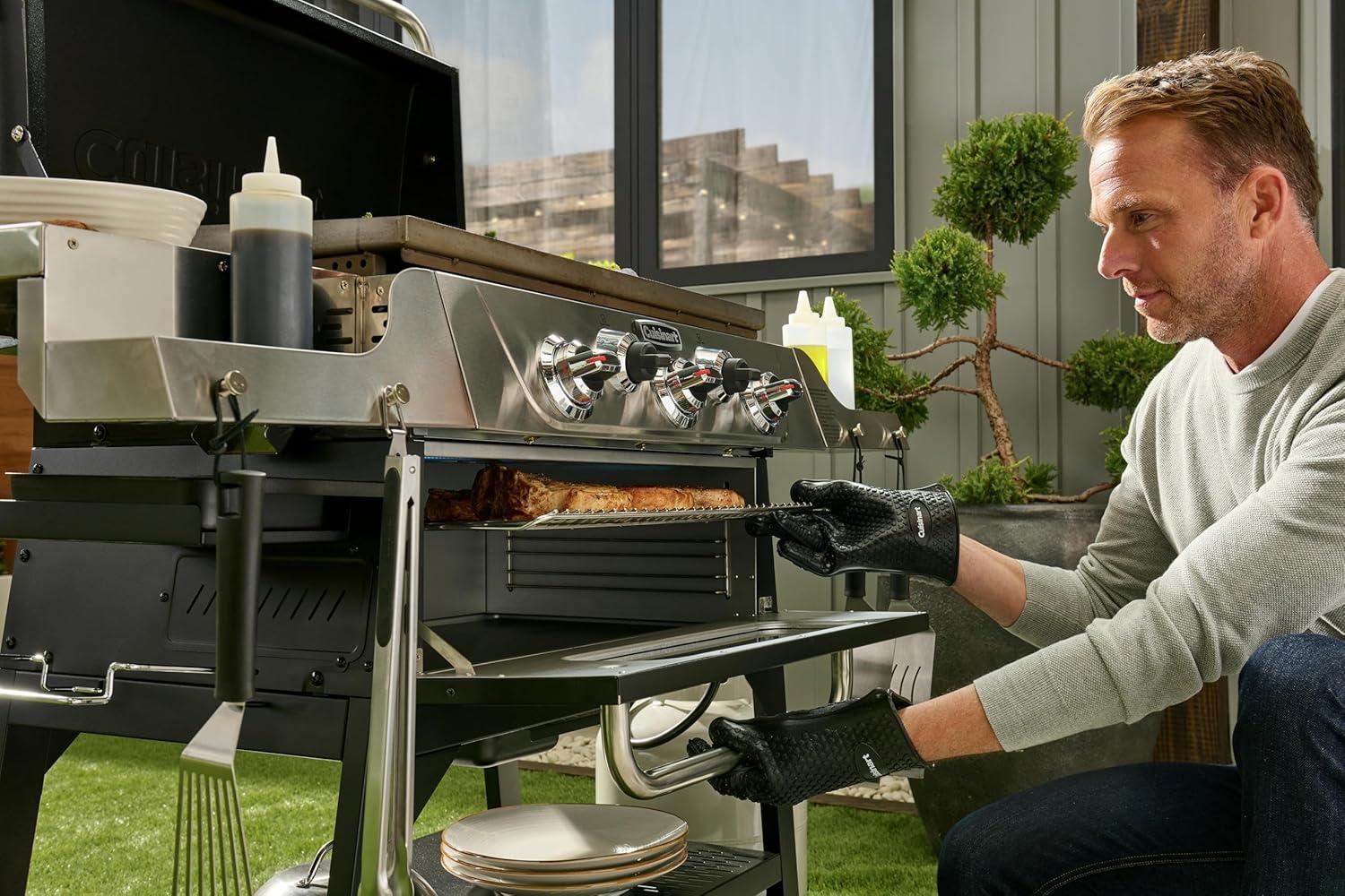 imageCuisinart 28 Outdoor Griddle with Hood Stainless Steel Dual Burner 30000 BTU Gas Griddle Wheels 504 Sq In Cooking Surface with 2 Side Tables for Storage Perfect for BBQs Backyard and Patio28 Griddle Broiler Combo