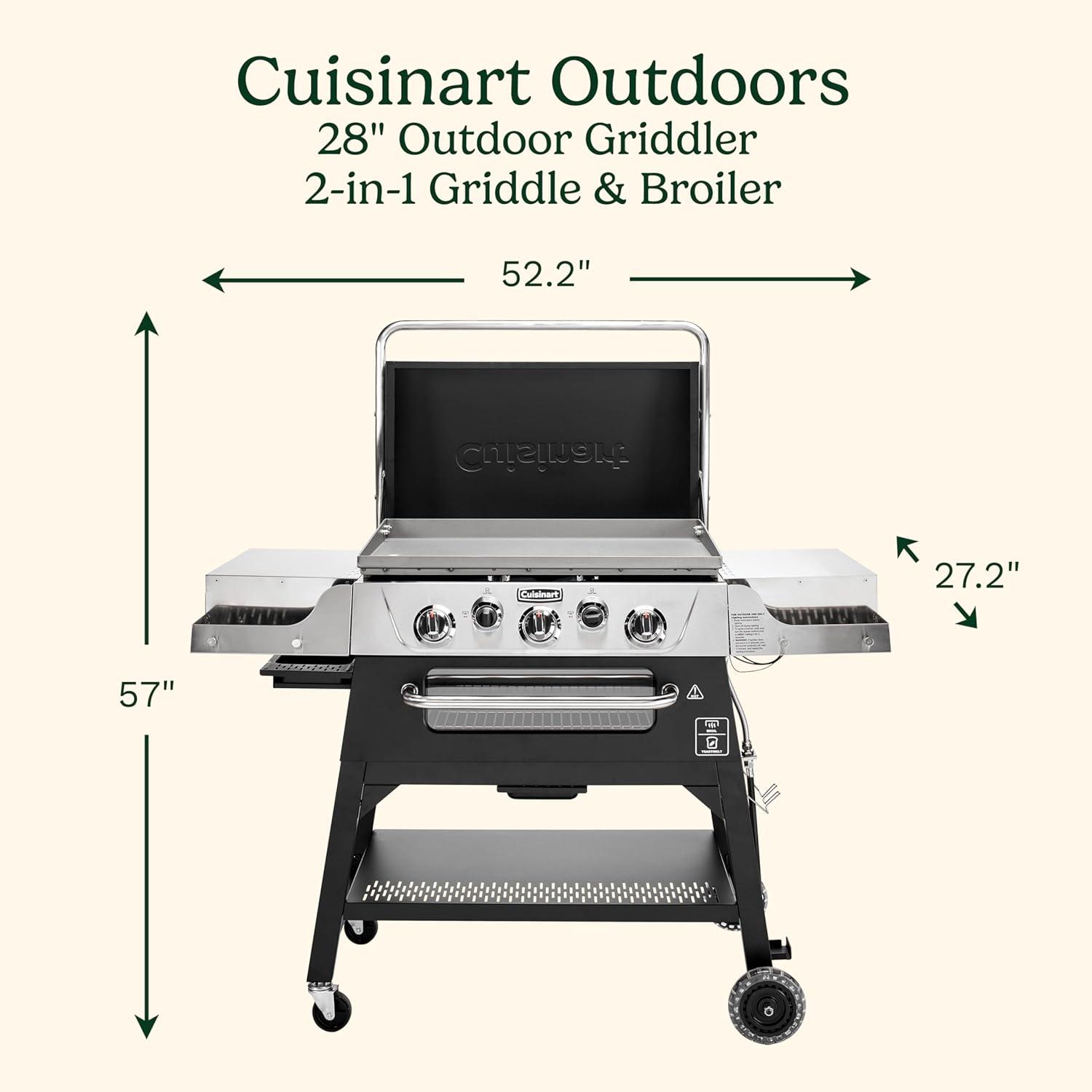 imageCuisinart 28 Outdoor Griddle with Hood Stainless Steel Dual Burner 30000 BTU Gas Griddle Wheels 504 Sq In Cooking Surface with 2 Side Tables for Storage Perfect for BBQs Backyard and Patio28 Griddle Broiler Combo