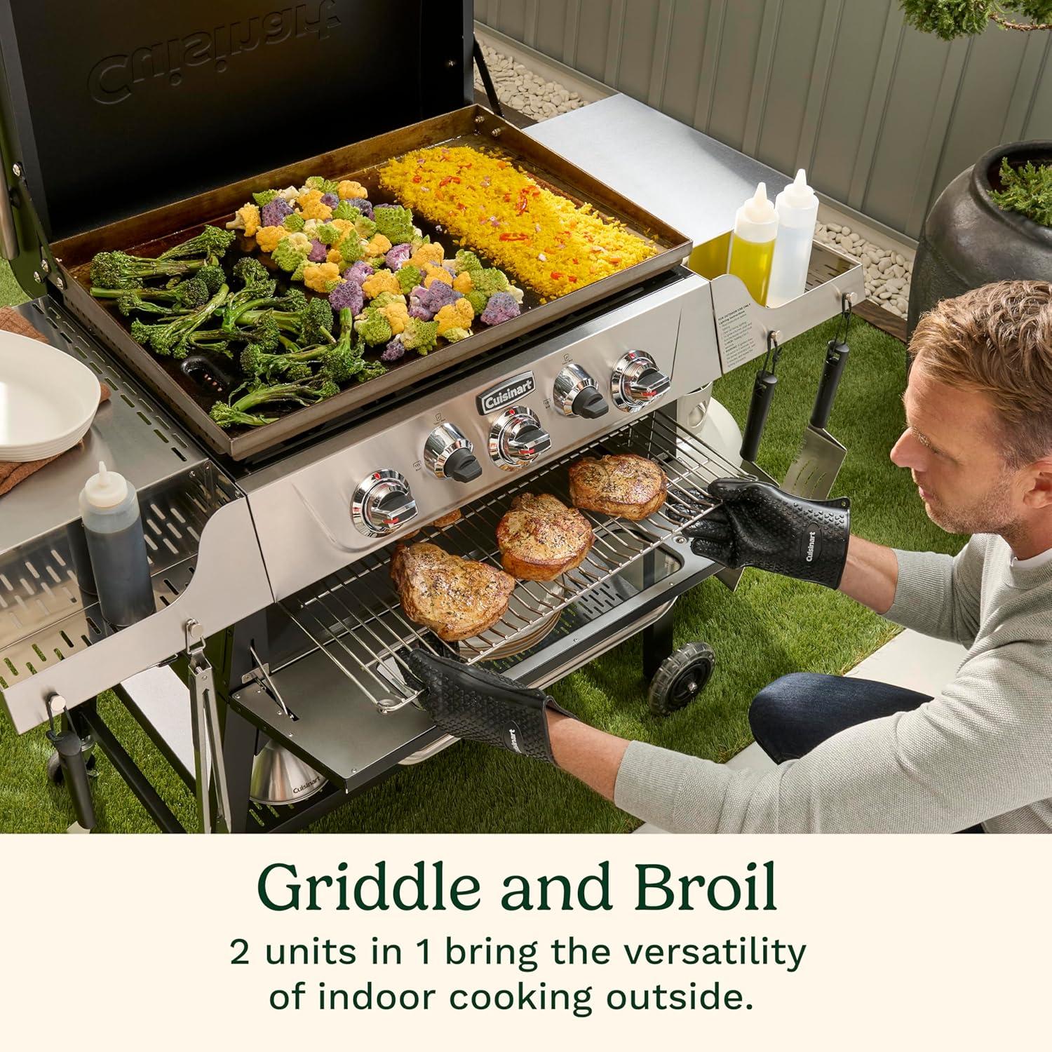 imageCuisinart 28 Outdoor Griddle with Hood Stainless Steel Dual Burner 30000 BTU Gas Griddle Wheels 504 Sq In Cooking Surface with 2 Side Tables for Storage Perfect for BBQs Backyard and Patio28 Griddle Broiler Combo
