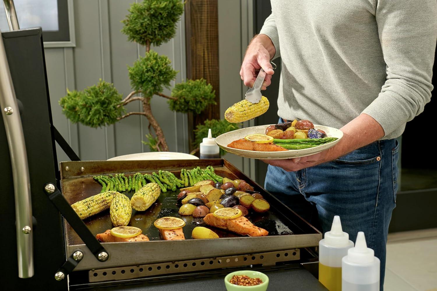 imageCuisinart 28 Outdoor Griddle with Hood Stainless Steel Dual Burner 30000 BTU Gas Griddle Wheels 504 Sq In Cooking Surface with 2 Side Tables for Storage Perfect for BBQs Backyard and Patio28 Griddle with Hood