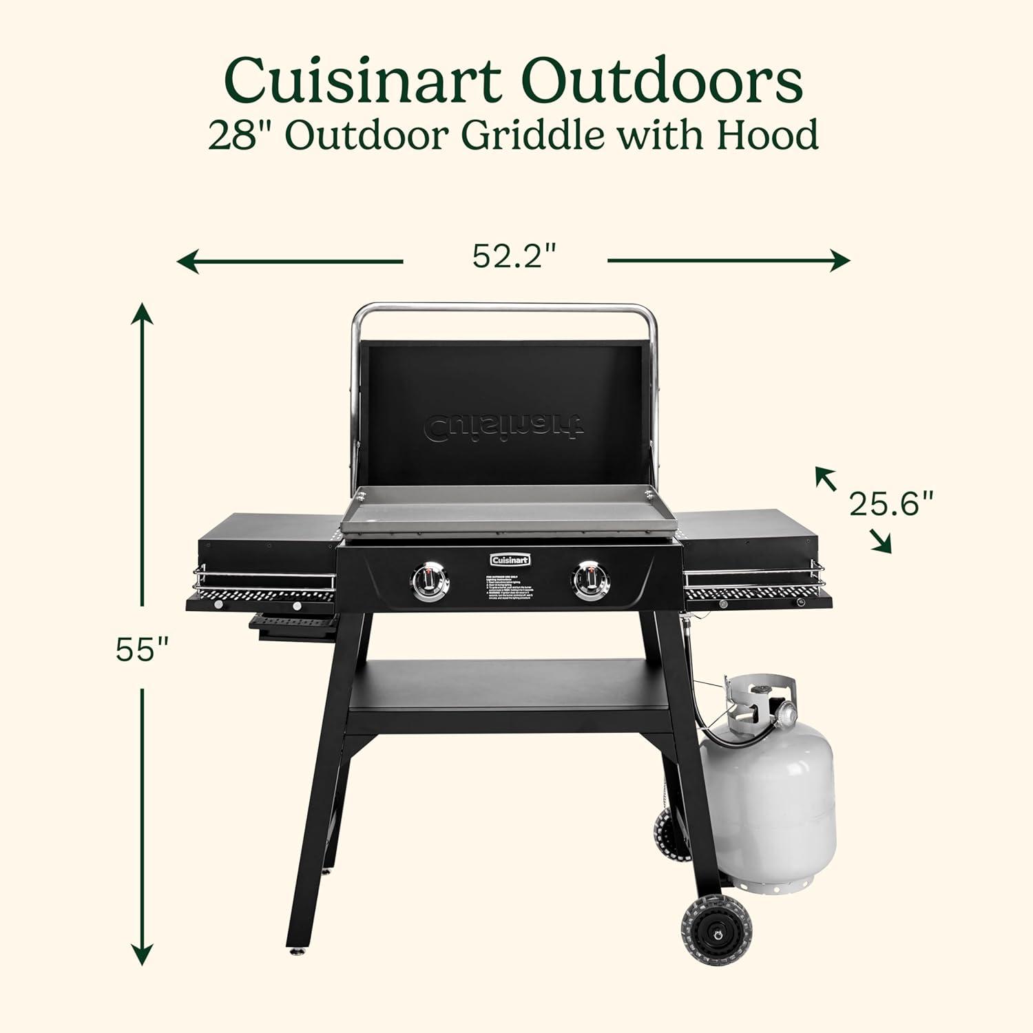 imageCuisinart 28 Outdoor Griddle with Hood Stainless Steel Dual Burner 30000 BTU Gas Griddle Wheels 504 Sq In Cooking Surface with 2 Side Tables for Storage Perfect for BBQs Backyard and Patio28 Griddle with Hood