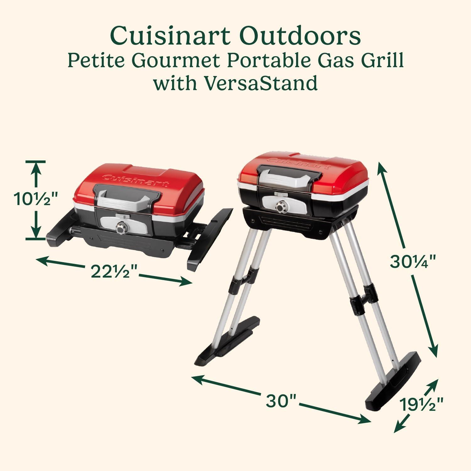 imageCuisinart Petite Gourmet Portable Gas Grill with VersaStand Compact Portable Grill Propane 150 Sq In Cooking Surface 5500 BTU Burner Small Gas Grills for Camping BBQ Adjustable Base Handles