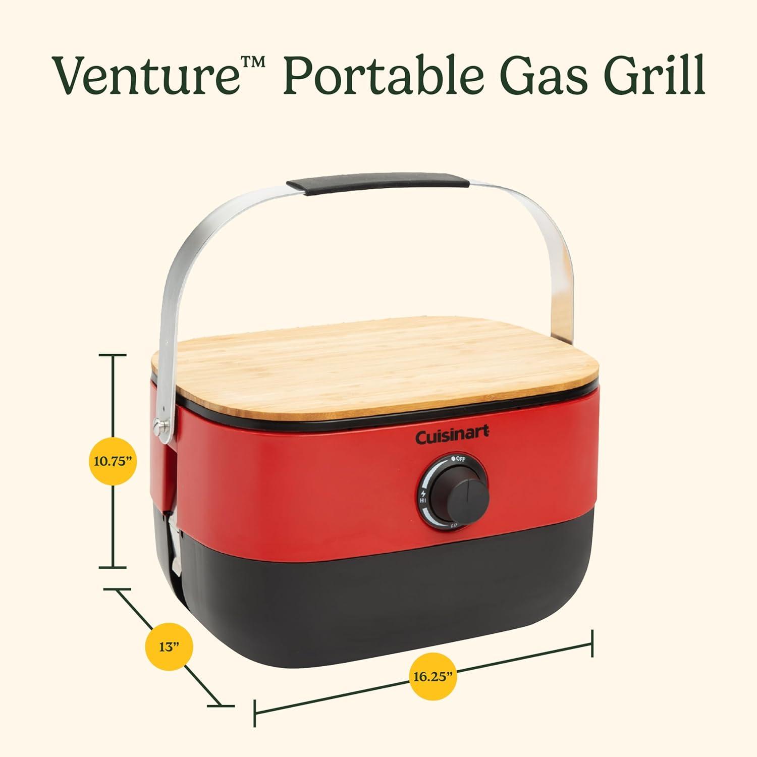 imageCuisinart Venture Portable Gas Grill Small Camping Grill with Cutting Board and Handle Non Stick Porcelain Enameled Cast Iron Grate 9000 BTU Stainless Steel Burner for Camping Tailgates BeachesVenture Gas Grill Red