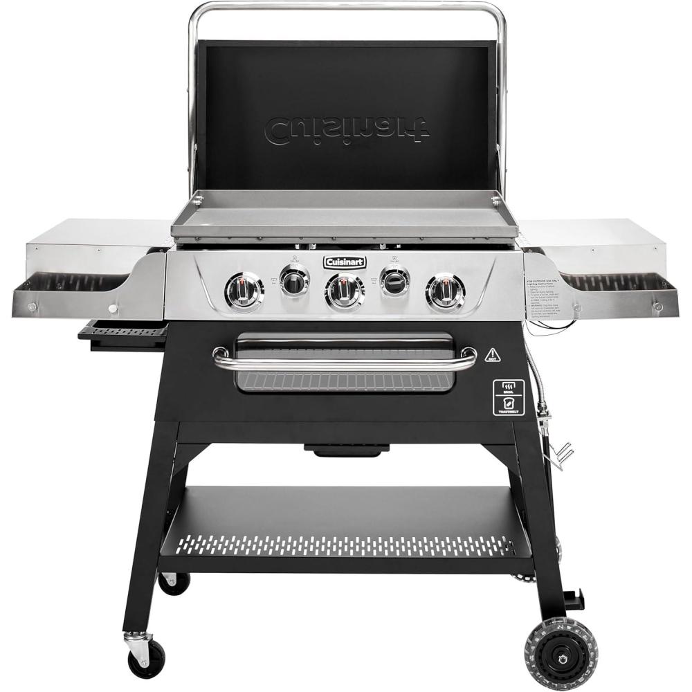 imageCuisinart 28 Outdoor Griddle with Hood  Stainless Steel Dual Burner 30000 BTU Gas Griddle Wheels 504 Sq In Cooking Surface with 2 Side Tables for Storage Perfect for BBQs Backyard and Patio28 Griddle  Broiler Combo