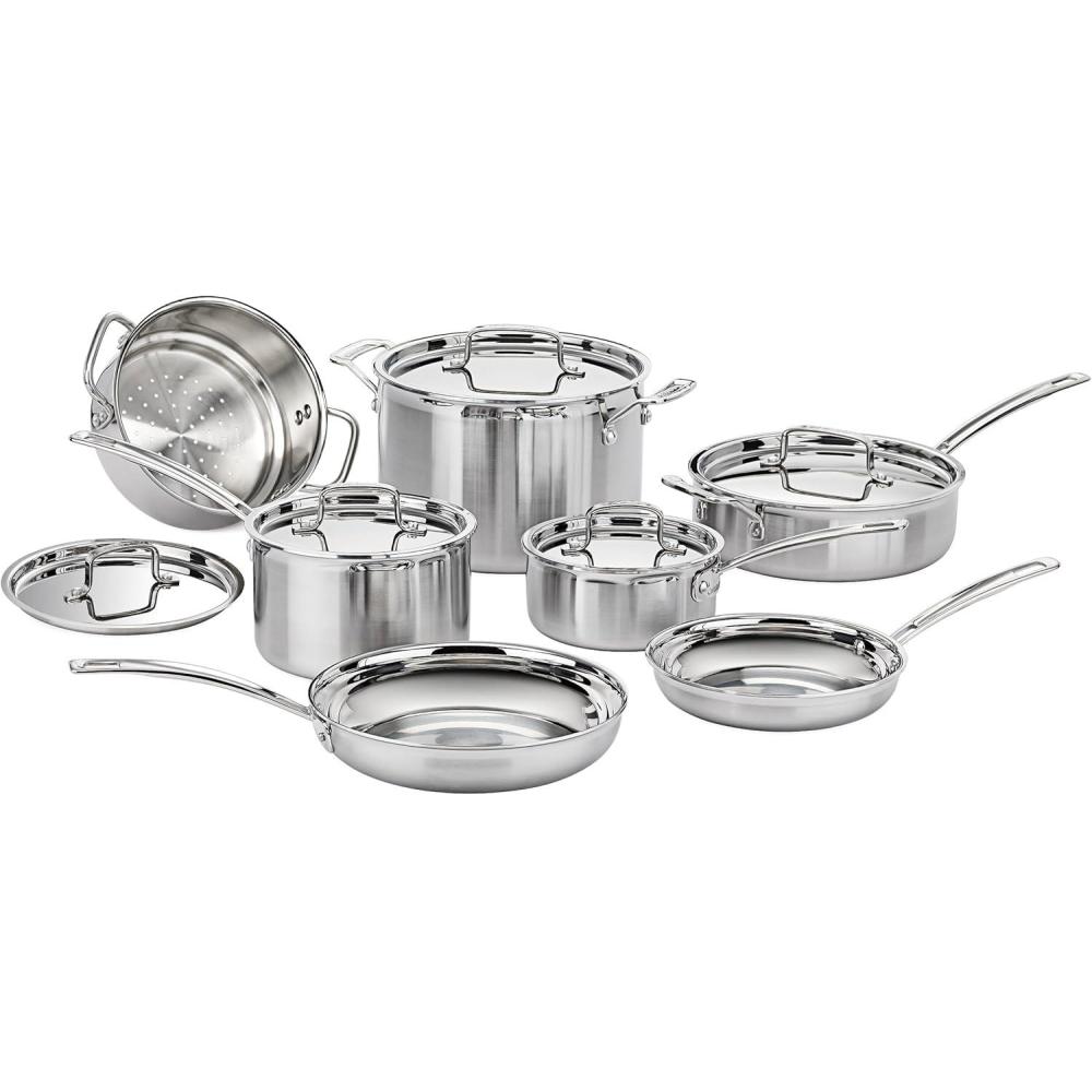 imageCuisinart 12Piece MultiClad Pro Triple Ply Stainless Steel Cookware Set Heat Surround Technology Cool Grip Handles Oven Safe to 500F MCPS12N Silver12Piece