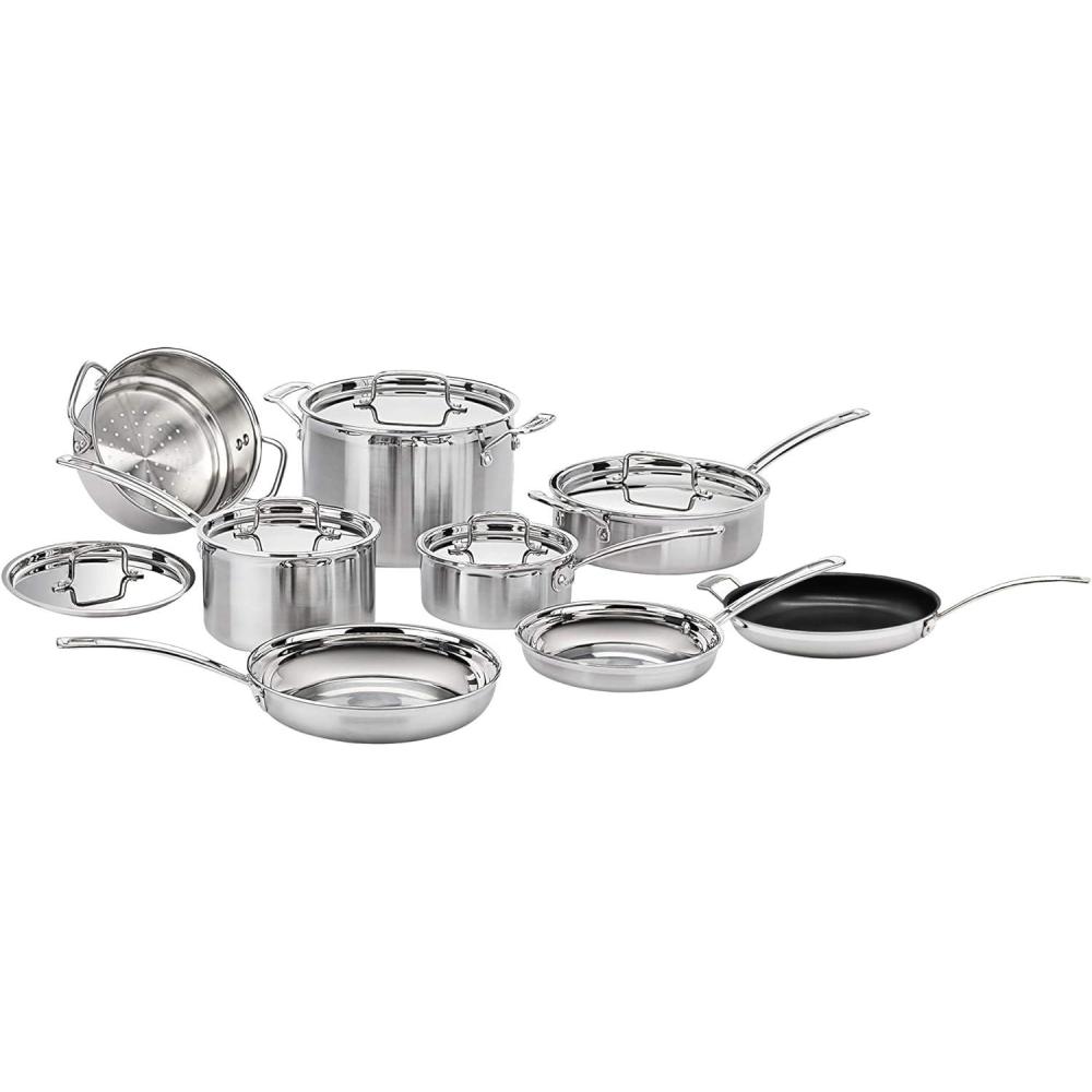 imageCuisinart 12Piece MultiClad Pro Triple Ply Stainless Steel Cookware Set Heat Surround Technology Cool Grip Handles Oven Safe to 500F MCPS12N Silver13Piece