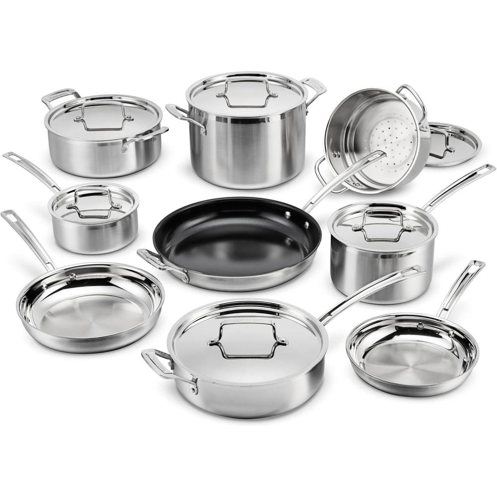 imageCuisinart 12Piece MultiClad Pro Triple Ply Stainless Steel Cookware Set Heat Surround Technology Cool Grip Handles Oven Safe to 500F MCPS12N Silver15Piece