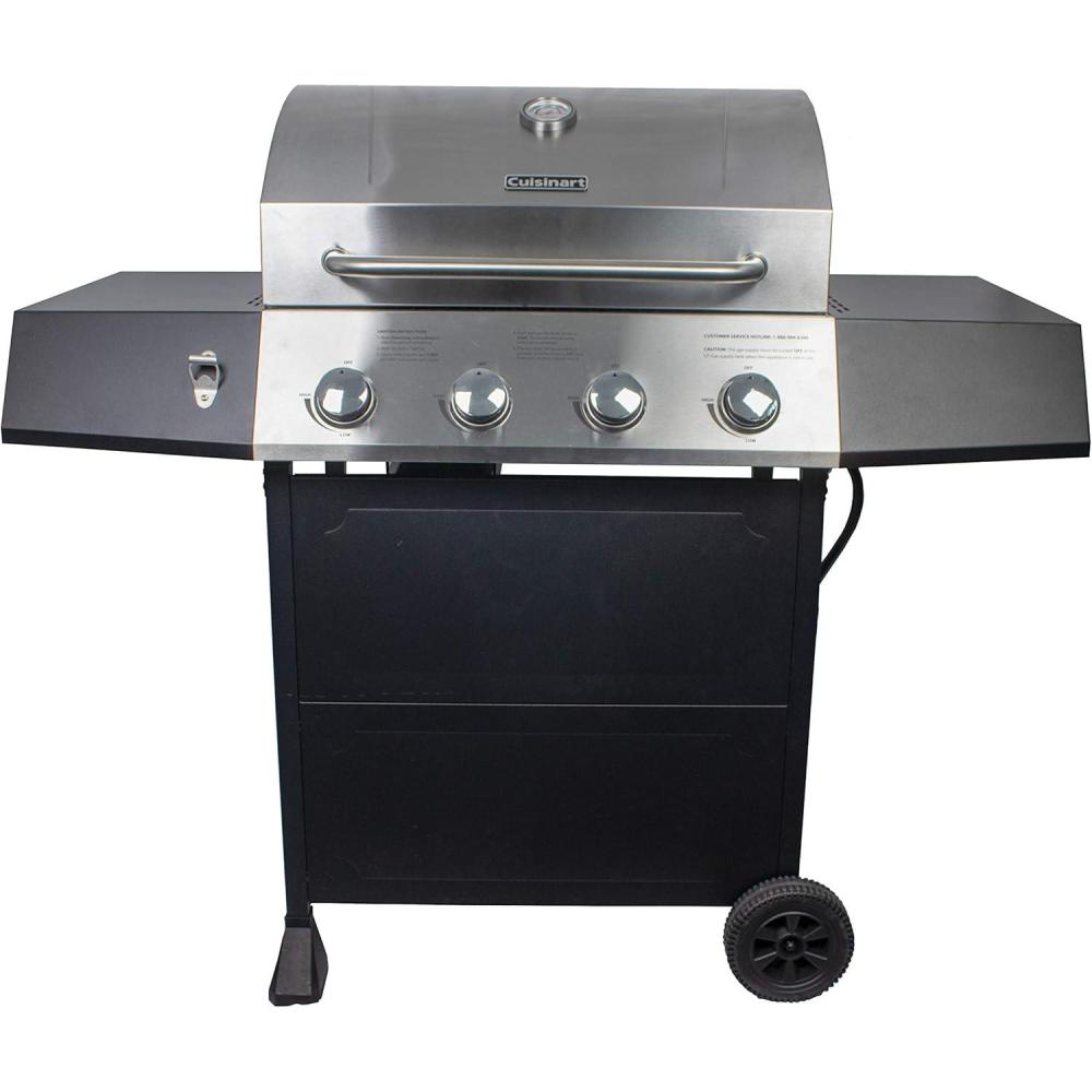 imageCuisinart 4Burner Gas Grill 44000 BTU Stainless Steel Full Size Propane Grill with Cast Iron Grates Outdoor Barbecue with Large Cooking Space and Side Tables for PrepFull Size Gas Grill  FourBurner