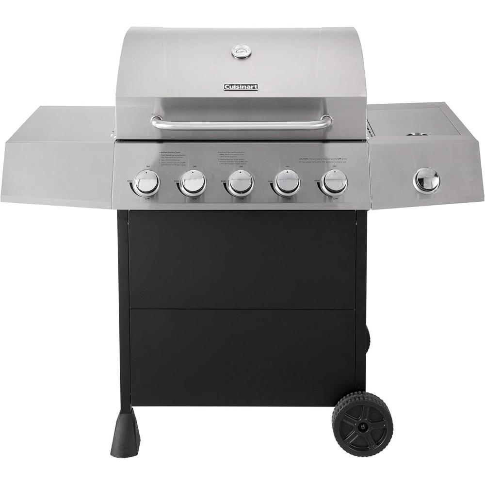 imageCuisinart 4Burner Gas Grill 44000 BTU Stainless Steel Full Size Propane Grill with Cast Iron Grates Outdoor Barbecue with Large Cooking Space and Side Tables for PrepFive Burner Gas Grill with Side Burner