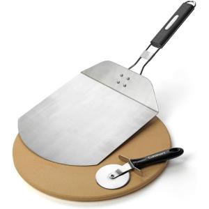 Cuisinart 3 Piece Pizza Grilling Pack, 13” Round Pizza Stone for Grill with Cutter and Foldable Stainless Steel Peel, Complete Set to Build Your Own Pizzas at Home