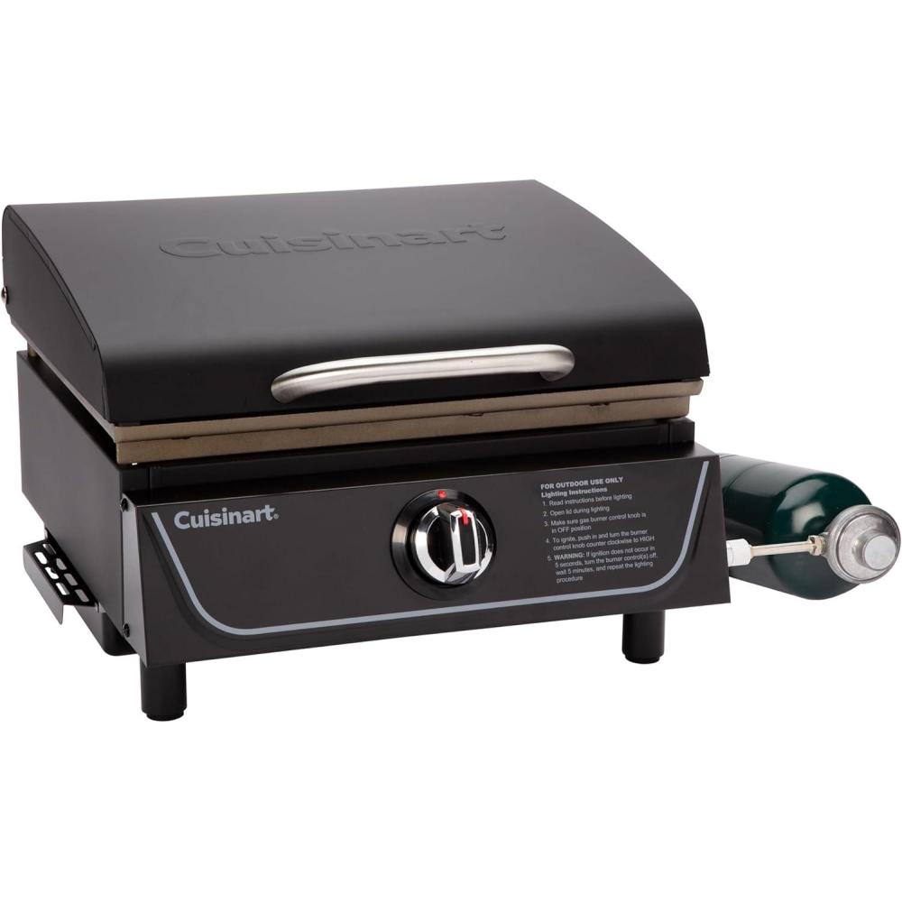 imageCuisinart 17 Tabletop Gas Griddle with Hood Easy Assembly Compact Outdoor FlatTop Grill with Grease Cup 255 Sq In Cooking Space Perfect for Camping Tailgates and BBQs