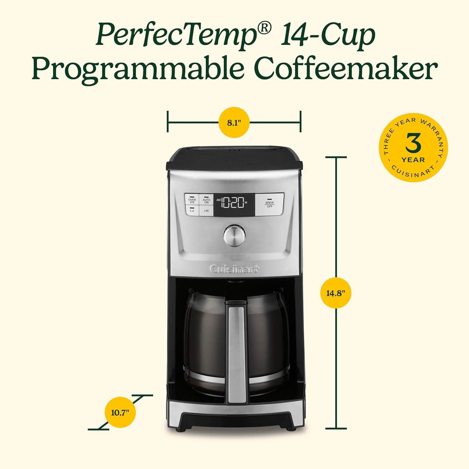 imageCuisinart Coffee Maker 14Cup PerfecTemp Programmable Coffee Machine Glass Carafe with 14 Cup Setting Brew Strength Control Brew Pause and Over Ice Function Black Stainless Steel DCC3500BKSStainless Steel