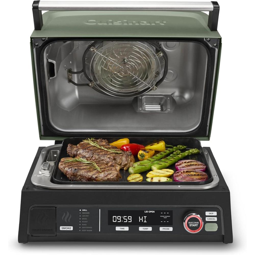 imageCuisinart FlavorBoost 8in1 Outdoor Electric BBQ Grill amp Portable Smoker Air Fryer Grill Combo with Smart Probe Smoke Drawer 154 sq in Patio amp Balcony Grill for Apartments CEG1302