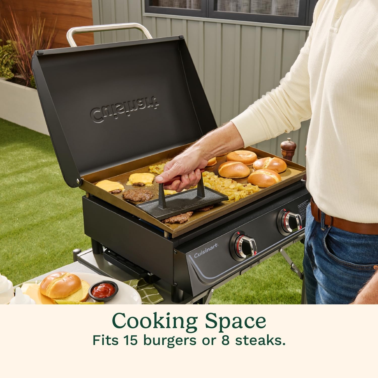 imageCuisinart 22 Tabletop Gas Griddle with Hood Easy Assembly Compact Outdoor FlatTop Grill with Grease Cup 300 Sq In Cooking Space Perfect for Camping Tailgates amp BBQs