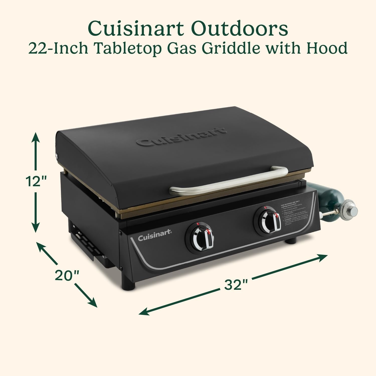 imageCuisinart 22 Tabletop Gas Griddle with Hood Easy Assembly Compact Outdoor FlatTop Grill with Grease Cup 300 Sq In Cooking Space Perfect for Camping Tailgates amp BBQs