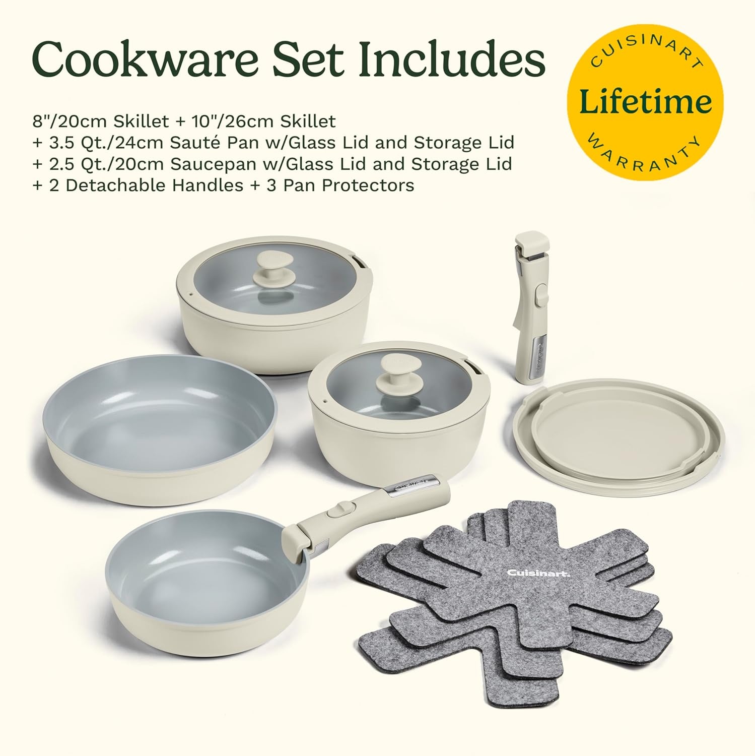 image:imageCuisinart 13Pc ClickSmart Nonstick Detachable Handle Ceramic Cookware Pots and Pans Set Stackable SpaceSaving Design Compatible with All Stovetops Induction amp Oven Safe PURELYCERAMICTahini