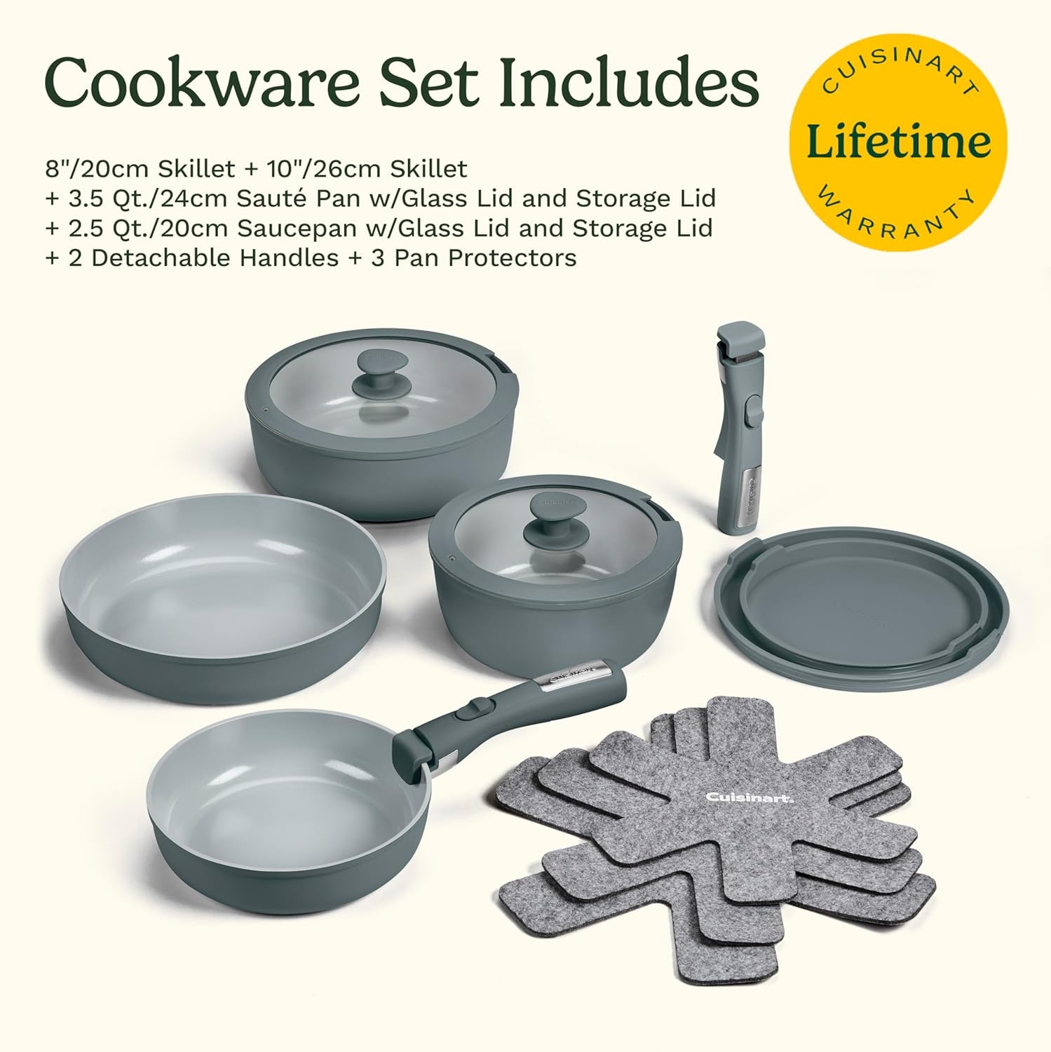 image:imageCuisinart 13Pc ClickSmart Nonstick Detachable Handle Ceramic Cookware Pots and Pans Set Stackable SpaceSaving Design Compatible with All Stovetops Induction amp Oven Safe PURELYCERAMICEarl Grey