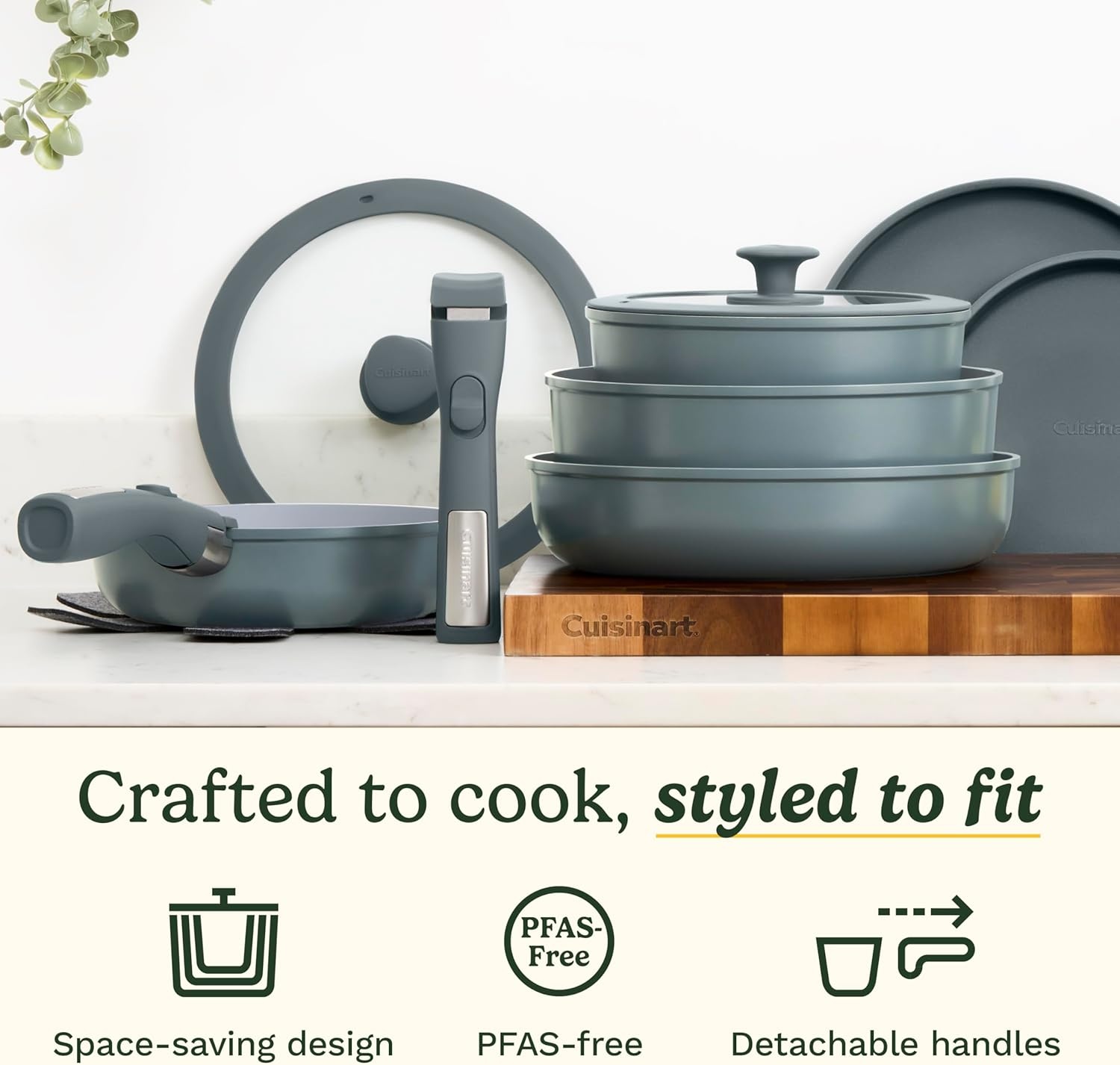 image:imageCuisinart 13Pc ClickSmart Nonstick Detachable Handle Ceramic Cookware Pots and Pans Set Stackable SpaceSaving Design Compatible with All Stovetops Induction amp Oven Safe PURELYCERAMICEarl Grey