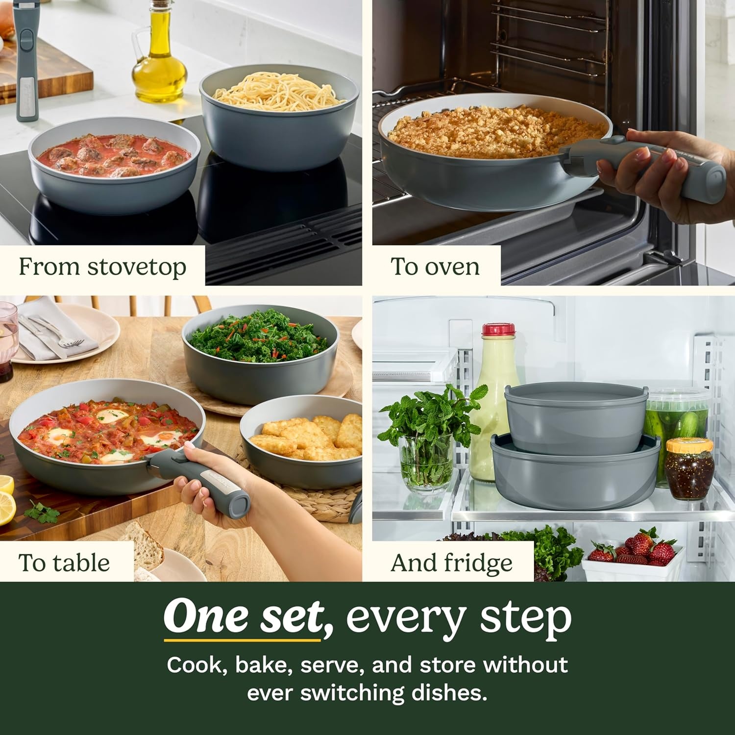 image:imageCuisinart 13Pc ClickSmart Nonstick Detachable Handle Ceramic Cookware Pots and Pans Set Stackable SpaceSaving Design Compatible with All Stovetops Induction amp Oven Safe PURELYCERAMICEarl Grey