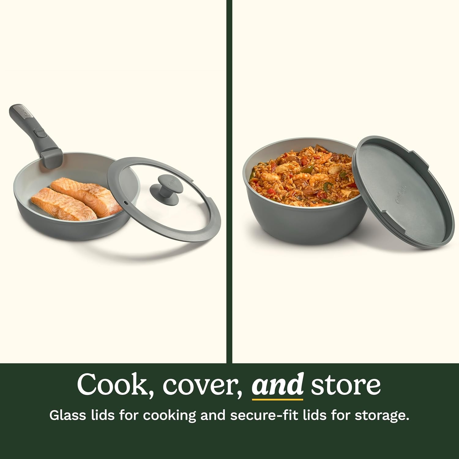 image:imageCuisinart 13Pc ClickSmart Nonstick Detachable Handle Ceramic Cookware Pots and Pans Set Stackable SpaceSaving Design Compatible with All Stovetops Induction amp Oven Safe PURELYCERAMICEarl Grey
