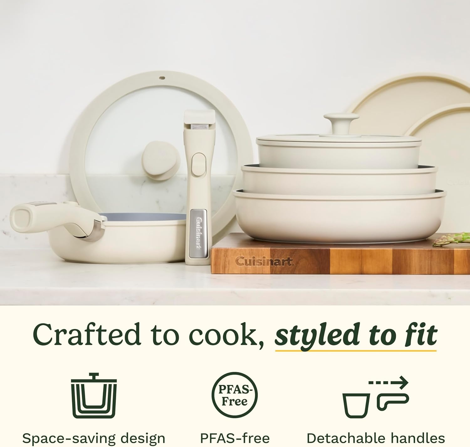 image:imageCuisinart 13Pc ClickSmart Nonstick Detachable Handle Ceramic Cookware Pots and Pans Set Stackable SpaceSaving Design Compatible with All Stovetops Induction amp Oven Safe PURELYCERAMICTahini