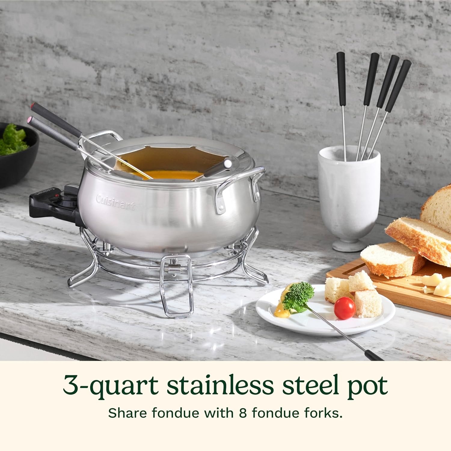 image:imageCuisinart Fondue Pot Set 3Quart Stainless Steel Electric Fondue Pot for Chocolate Cheese Broth and Oil Includes 8 Forks Temperature Control Nonstick Interior Dishwasher Safe CFO3SSNASPot