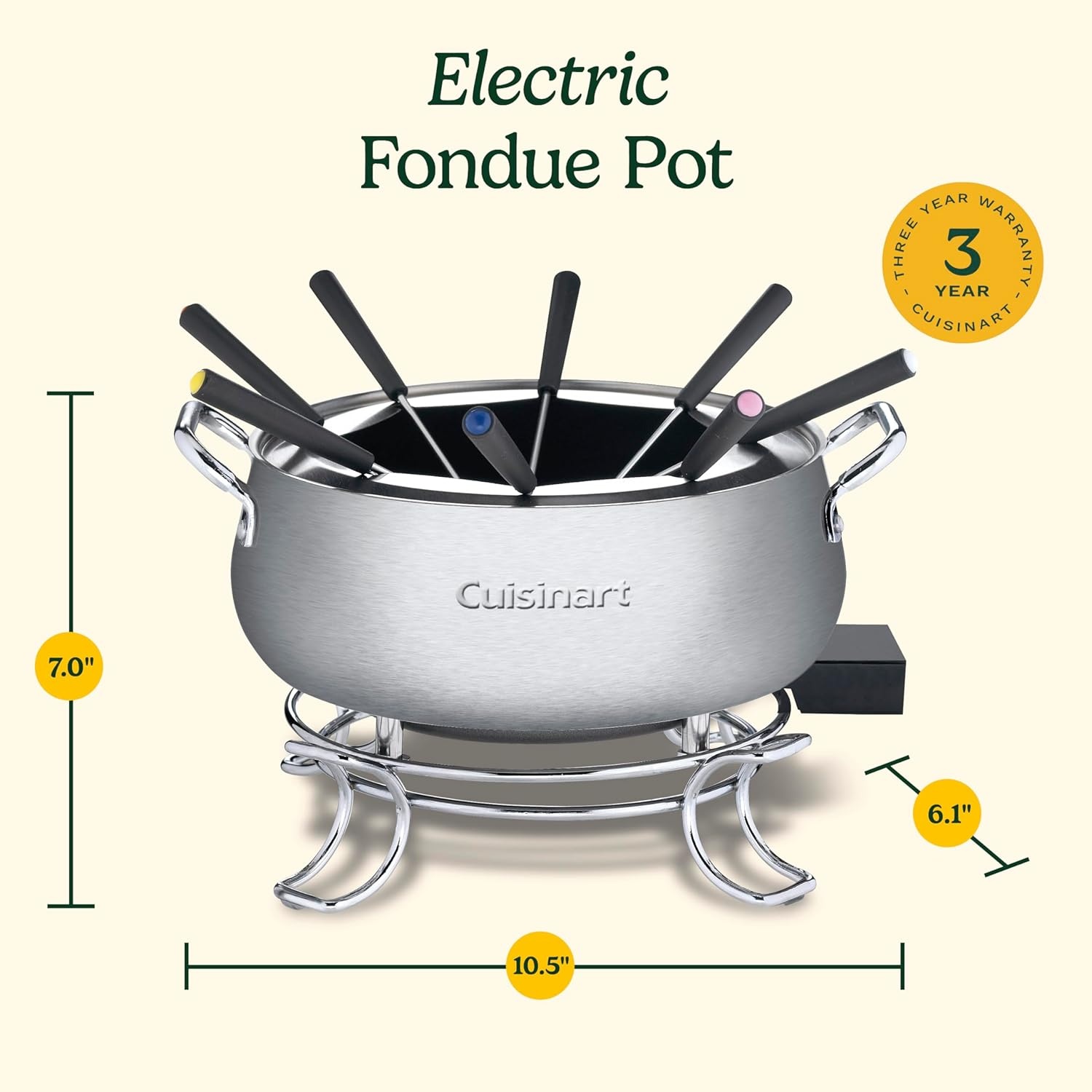image:imageCuisinart Fondue Pot Set 3Quart Stainless Steel Electric Fondue Pot for Chocolate Cheese Broth and Oil Includes 8 Forks Temperature Control Nonstick Interior Dishwasher Safe CFO3SSNASPot