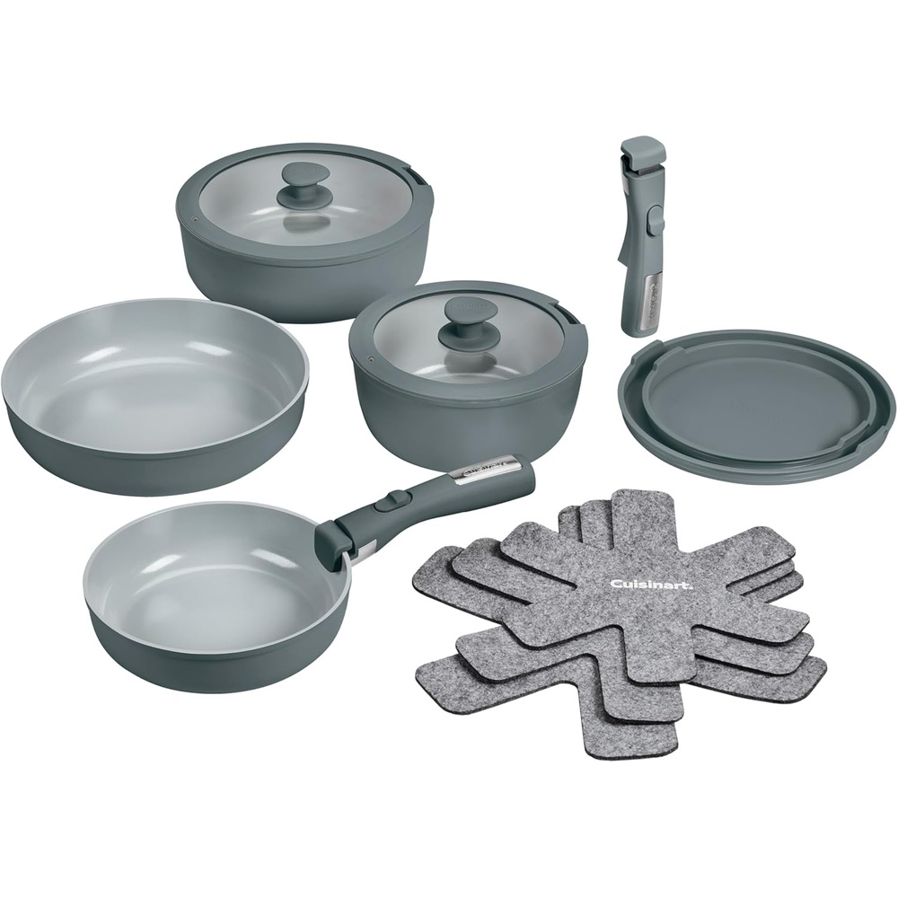 image:imageCuisinart 13Pc ClickSmart Nonstick Detachable Handle Ceramic Cookware Pots and Pans Set Stackable SpaceSaving Design Compatible with All Stovetops Induction amp Oven Safe PURELYCERAMICEarl Grey